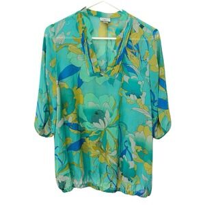 Worthington Medium Teal Blouse Floral Sheer Hippie Boho Festival Gypsy Artsy